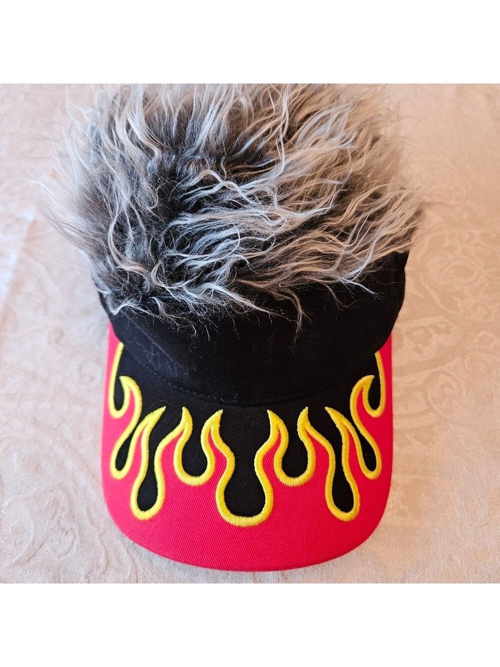 Flair Hair Black and Red Flame Design Cap with Faux Fur Guy Fieri, Brand New, OS